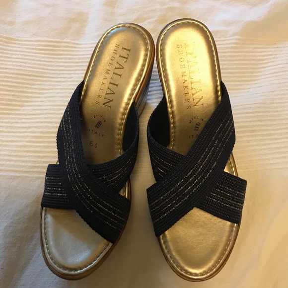 NWOT Italian Shoemakers navy blue gold wedge heels - Picture 1 of 5